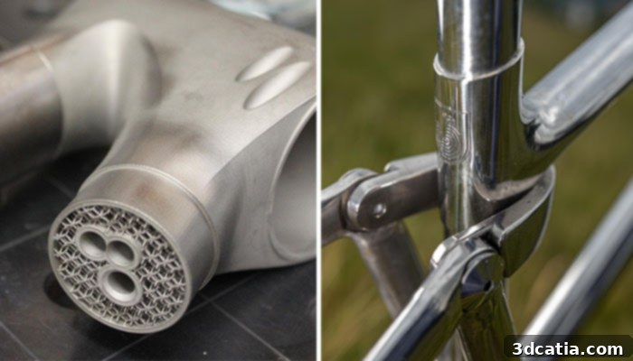 The Moorhuhn bike's joints feature intricate lattice structures within thin walls, engineered for exceptional lightness and stiffness through additive manufacturing.