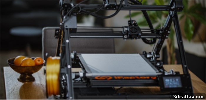 Conceptual image of the iFactory One 3D printer with its unique conveyor belt system, demonstrating its ability to produce continuous parts.