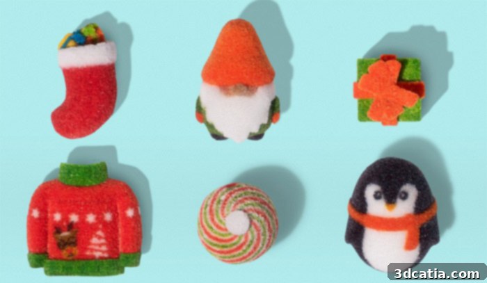 3D printed sweets and decorations by The Sugar Lab, including snowflakes, marshmallows, and spiced shells, showcasing intricate designs for festive occasions.