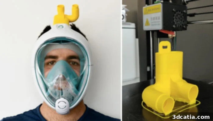 3D printed Charlotte Valve connecting snorkeling masks to medical equipment