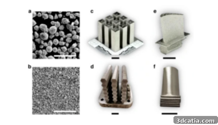 Metal 3D printing trials showing EBM and SLM processes, simple bar geometries, internal cooling channels, and thin over-hanging platforms.