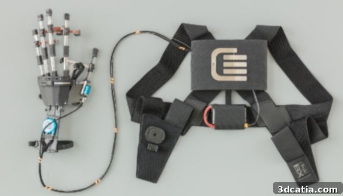 Exoskeleton components: hand module, sensor wristband, backpack