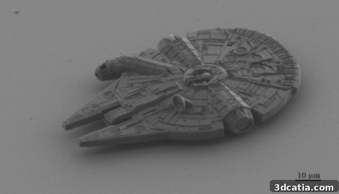 A micro 3D printed Star Wars figure next to a ruler, demonstrating its tiny size.