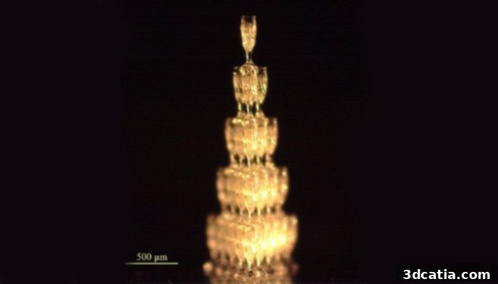 The 2mm high micro 3D printed champagne pyramid with 35 flutes.
