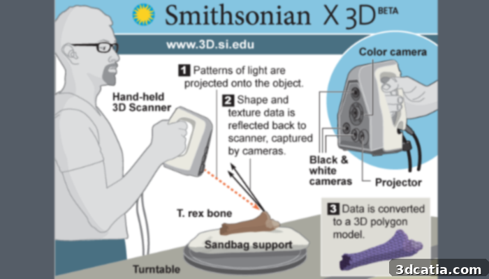 Infographic detailing the multi-step process used by the Smithsonian team to 3D scan a T.rex skeleton, showing data capture, processing, and final model creation.