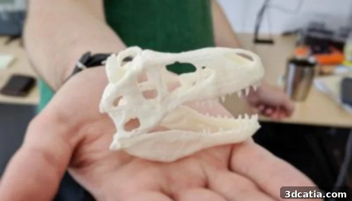 A high-quality 3D printed replica of a T. rex skull displayed, showcasing intricate bone details.