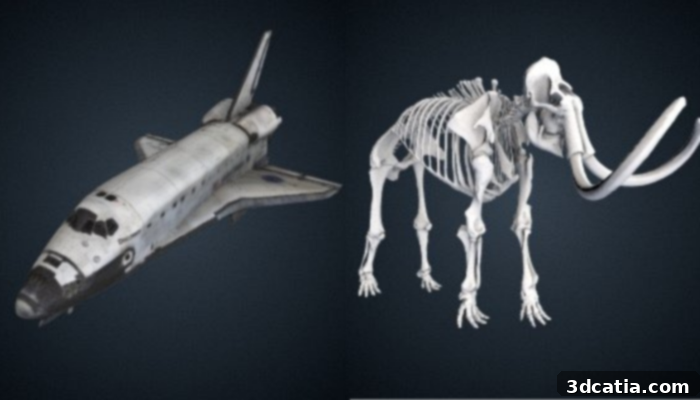 A collage featuring two prominent 3D scans available on the Smithsonian portal: a detailed model of a space shuttle orbiter and a magnificent mammoth skeleton.