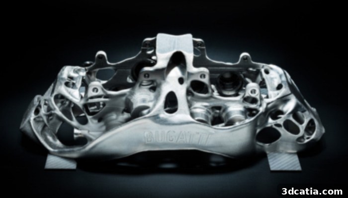 Bugatti additively manufactured a titanium brake caliper, showcasing the advanced capabilities of 3D printing with Ti6Al4V for lightweight and high-performance automotive components.