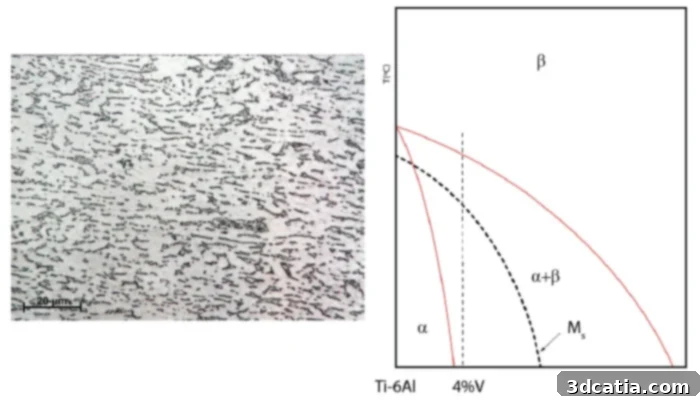 Comparison of Ti6Al4V microstructures: equiaxial as-received state without heat treatment on the left, and its phase diagram on the right, illustrating the relationship between temperature, composition, and phase stability.
