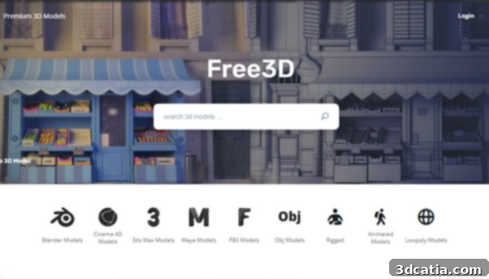Free3D's user interface showing a variety of 3D models.