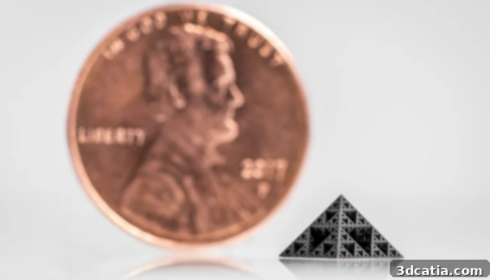 Nanofabrica is capable of printing complex pieces smaller than a penny, showcasing extreme precision in micro 3D printing.