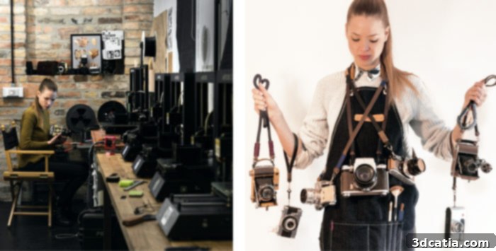 Dora Goodman in her workshop, surrounded by Anycubic i3 Mega printers, demonstrating her hands-on approach to 3D printed cameras.