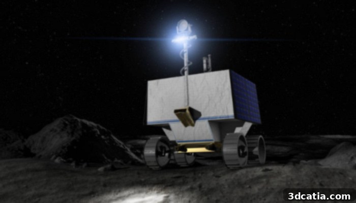 An illustration of NASA's VIPER rover on the surface of the Moon, highlighting its mission to explore the South Pole.