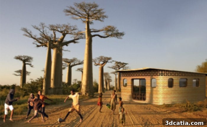Digital rendering of Thinking Huts' first 3D printed school in Madagascar, featuring a unique, modern design with a central courtyard.