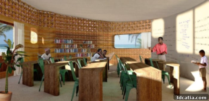 Interior view of a modern 3D printed classroom, showing sleek walls, natural light, and a minimalist design.