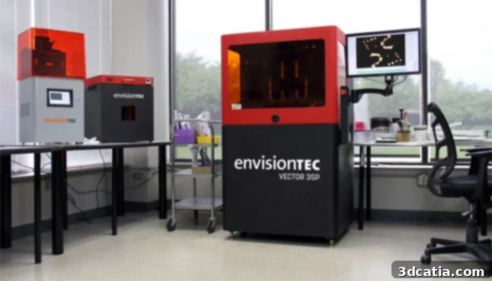 EnvisionTEC DLP 3D printer, highlighting its pioneering role in digital light processing for additive manufacturing.