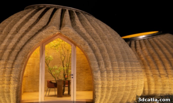 The unique, organically shaped exterior of the TECLA 3D printed house by WASP and Mario Cucinella Architects, built from raw earth.