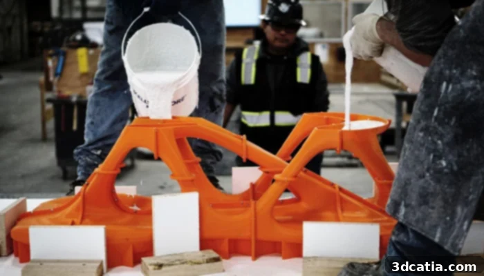 Slicelab's 3D printed mold being filled with white concrete for the Delicate Density Table, showcasing innovative concrete casting.