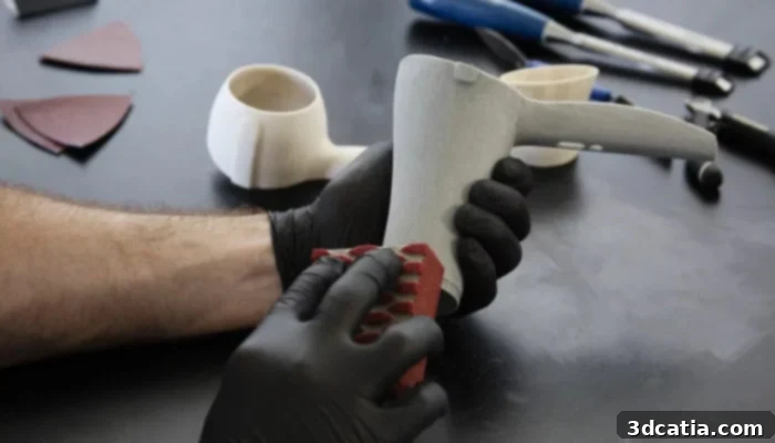 A 3D printed object undergoing post-processing, specifically sanding, to achieve a smoother surface finish.