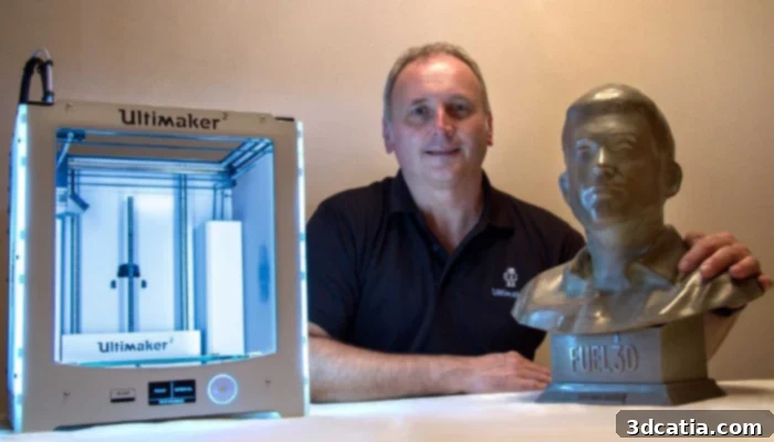 A detailed bust 3D printed using colorFabb's Bronzefill filament, showcasing metallic texture.