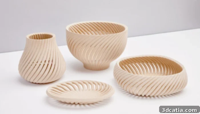 Designer Yves Béhar showcases a collection of innovative 3D printed wooden products made with Forust technology, highlighting sustainable design possibilities.