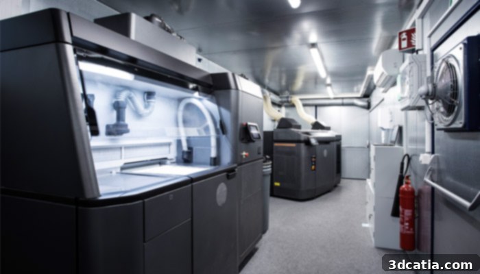 Detailed equipment layout within Daimler Buses' mobile 3D printing unit.
