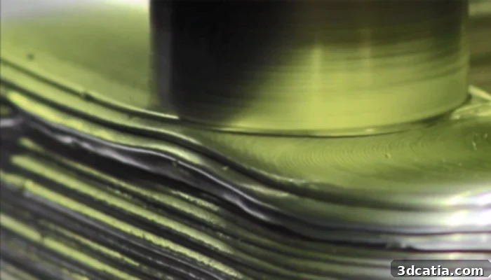 Close-up of a MELD 3D printer depositing metal, showcasing the solid-state additive manufacturing process.