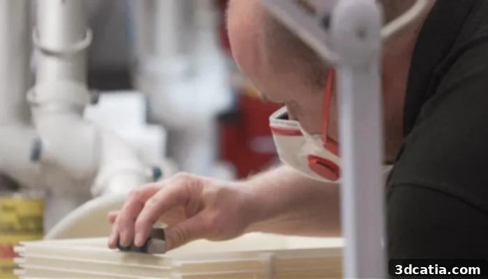A technician meticulously working on a 3D printed part, demonstrating the detailed output from 3D Systems' On-Demand Manufacturing Service.