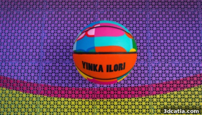 Close-up of the 3D-printed polypropylene tiles on Yinka Ilori's basketball court