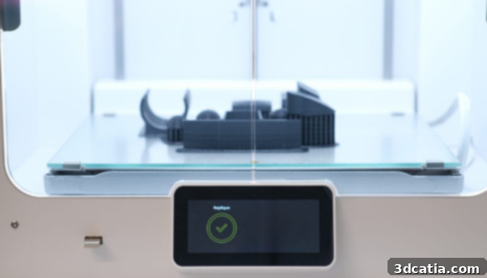 A 3D printer with a digital display actively creating a part, symbolizing on-demand manufacturing and innovation in the home appliance sector.