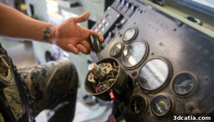 Inside the steering wheel of a military vehicle, highlighting the components that require maintenance.