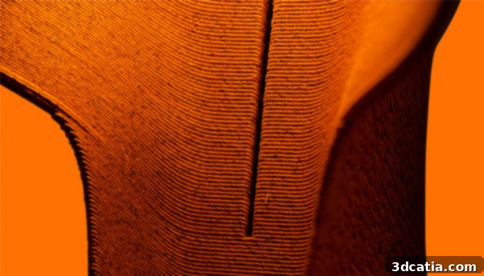A 3D printer in operation, depositing layers of orange peel biopolymer to form the Ohmie lamp.