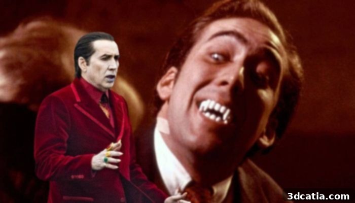 Nicolas Cage as Dracula with 3D printed dentures in Renfield