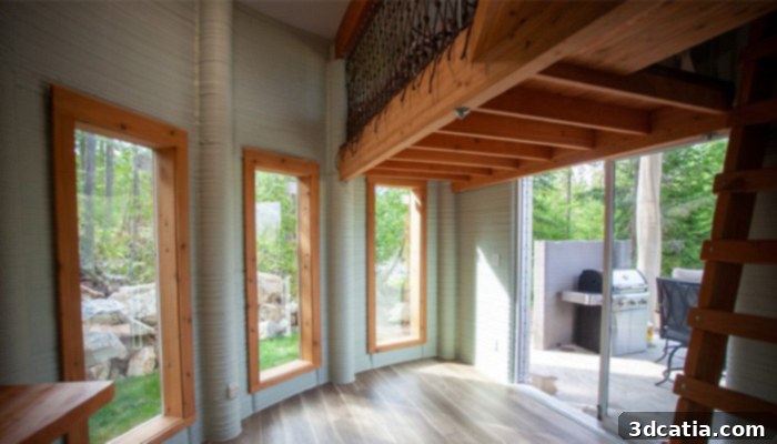 Interior of the 3D printed Fibonacci House showing a modern, compact living space with a spiral design.
