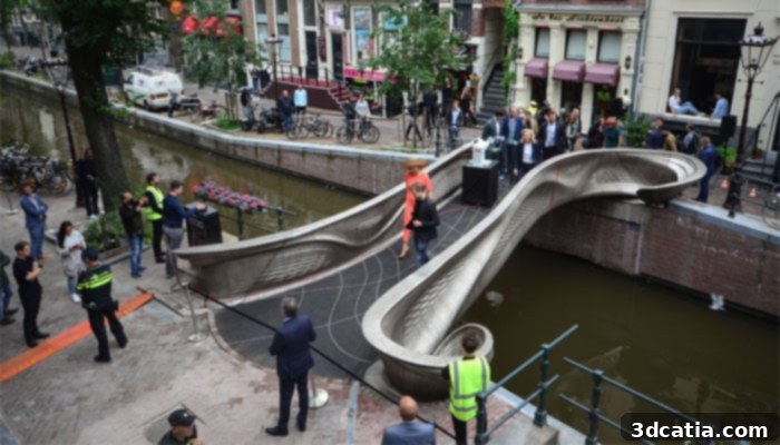 Queen Máxima inaugurates the MX3D 3D-printed metal bridge in Amsterdam.