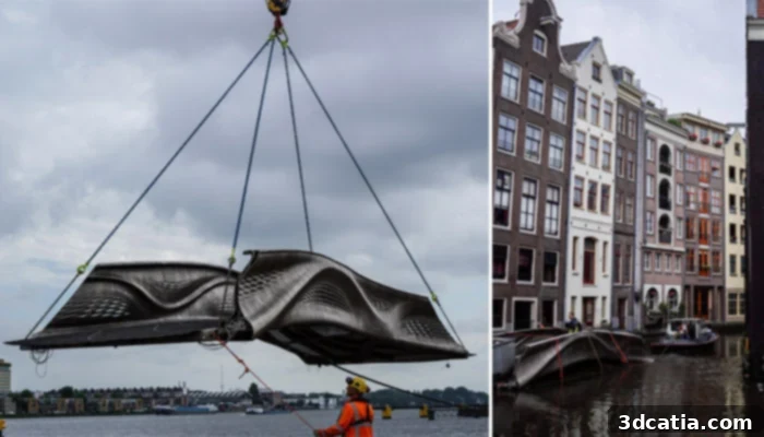 Installation of the 3D-printed metal bridge in Amsterdam.