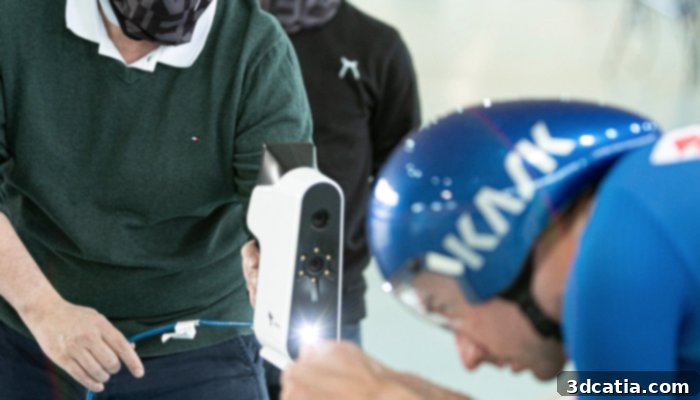 Thor3D Calibry device performing a 3D scan of a cyclist in a race-day position.
