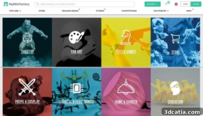 MyMiniFactory platform showing various paid and free STL files categorized for 3D printing