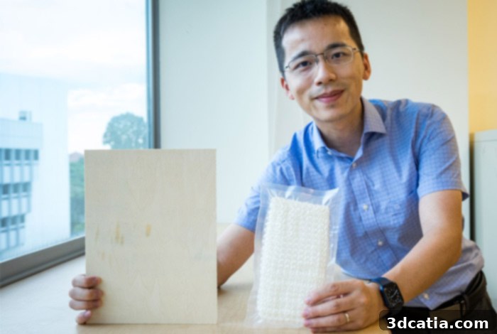 A close-up image shows the intricate 3D-printed structured fabric, highlighting its flexible, chainmail-inspired design. The caption notes that the structure becomes more resistant under vacuum, demonstrating its adaptive properties. (Photo Credit: NTU)