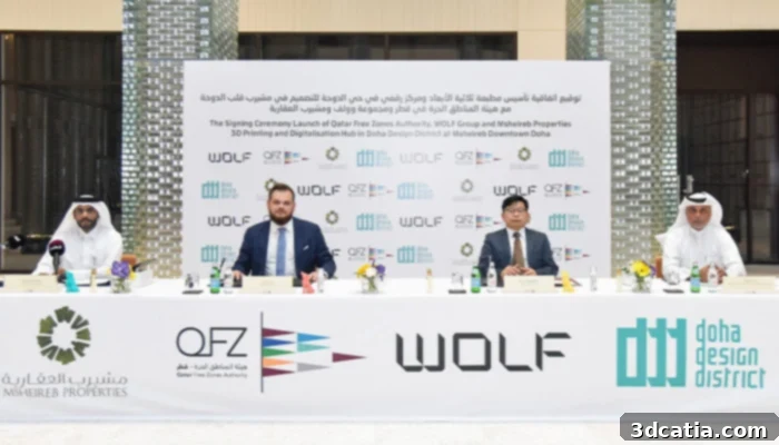 The ceremony announcing the partnership between QFZA, WOLF Group and Msheireb Properties marks a new era for 3D printing innovation in Qatar.