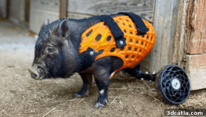 Tammy, a rescued piglet with a custom 3D printed prosthetic hind leg by DiveDesign