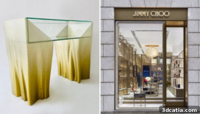 The stunning Liquid Gold display case on the left, showcased within the elegant Jimmy Choo store in Milan.