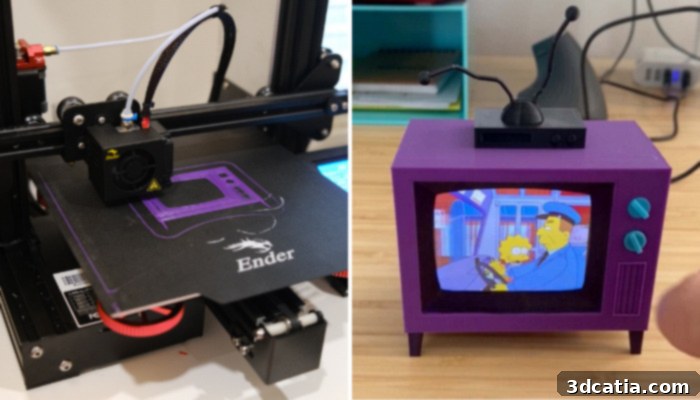 A 3D printer, likely a Creality Ender, fabricating parts for the mini TV project.