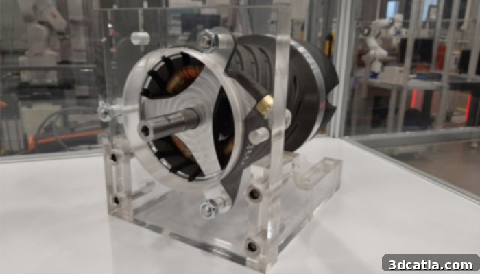3D-printed electric motor designed by NCAM, showcasing innovative manufacturing techniques.