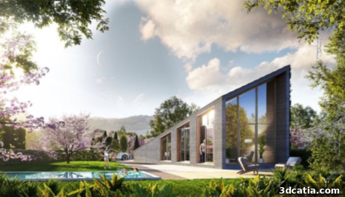 Architectural rendering showcasing the circular layout of the 3D printed Sunflower Village homes surrounding a central green space.