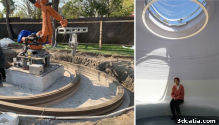 3D Printed Book Cabin with curved concrete walls and natural light
