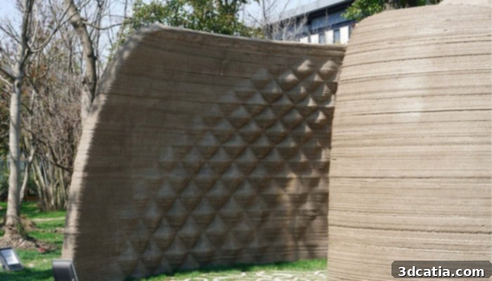 Close-up of the 3D Printed Book Cabin's patterned concrete wall