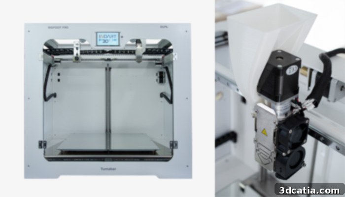 Tumaker pellet 3D printer in an industrial setting, demonstrating its application in advanced manufacturing.