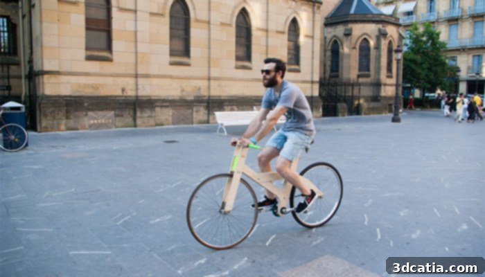 An assembled Openbike, showcasing its unique design and plywood frame elements, against a clean background.