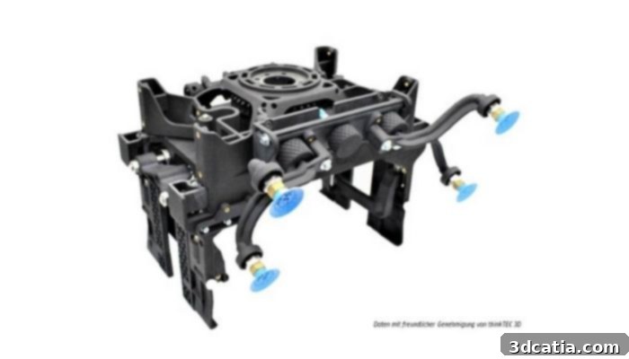 Gripper manufactured by thinkTEC 3D using HP Multi Jet Fusion technology, showcasing lightweight and complex geometry.